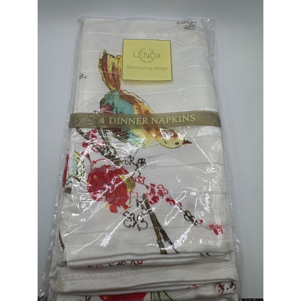 Lenox American Design Bird and Floral Dinner Napkins Set of 4 White Cotton Mix